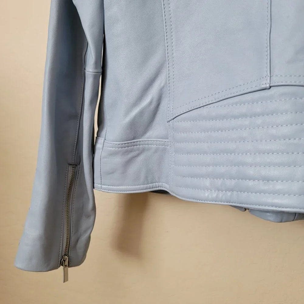 Neiman Marcus Light Blue Leather Lace-Up Moto Leather Jacket - Picture 11 of 16